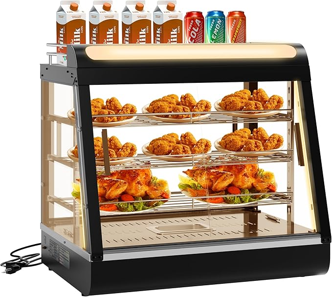 Whalefall Countertop Food Warmer with top Holder, 27 inch Commercial Food Warming Cabinet, tri-Color Lighting, w/Thermometer and Adjustable Thermostat for Cafeteria Kitchens Restaurants