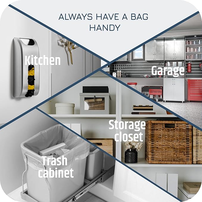 Wall-Mount Grocery Bag Dispenser | Space-Saving Design | Easy Install | Smudge-Proof, Fingerprint-Resistant Silver Dispenser Holds Maximum Bags