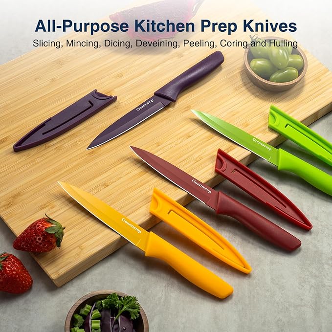 Paring Knife with Cover, Paring Knives Set of 4, 4.5" Paring Knife Set of Premium Stainless Steel, Small Kitchen Knife Set for Fruit and Vegetable, Ergonomic Knife Handles for Versatility