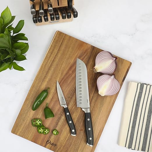 Oster Ginley 18 Piece High Carbon Stainless Steel Cutlery Kitchen Knife Block Set w/ABS Triple Riveted Forged Handle Wood Block - Black - Cuchillos Para Cocina