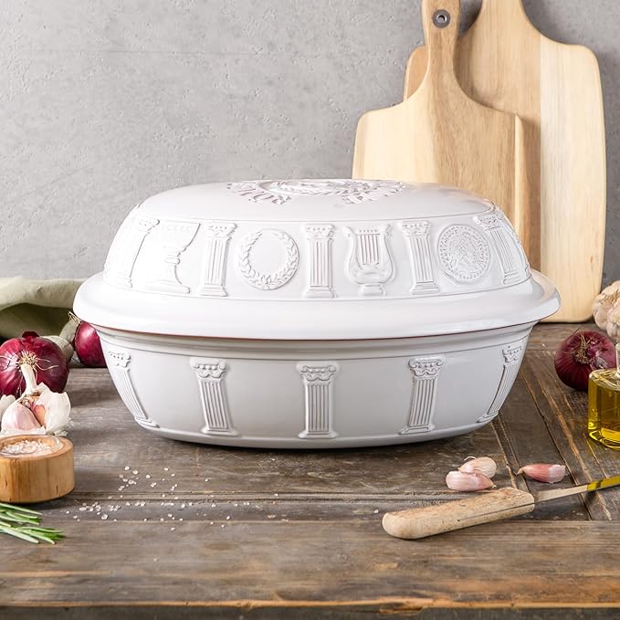 Romertopf Clay Roaster | 50 Years Anniversary Edition | Non-Stick Dutch Oven | Healthy Pot Cooking | Clay Baker | Versatile Cooking Vessel - 5.2 Quarts (5 Liters) for up to 8 people - White