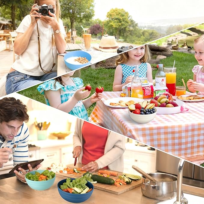 Quatish 10 PCS Unbreakable Cereal Bowls,Dishwasher & Microwave Safe Wheat Straw Bowls, Easy-to-Clean Lightweight Snack & Soup Bowl,Multi-Color Portable for Picnics Plastic Bowls Set, Blue