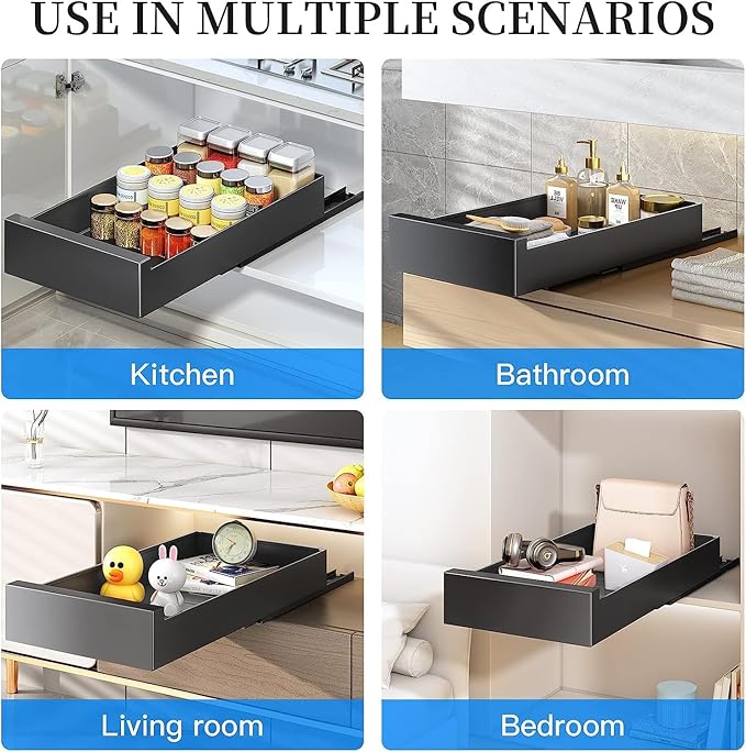Pull out Cabinet Organizer, 21"Deep, 16.9"Wide Heavy Duty Full-Extension Slide out Drawers with Nano Adhesive, Roll Out Shelves Sliding Cabinet for Kitchen, Bathroom, Pantry,under sink Storage(Black)