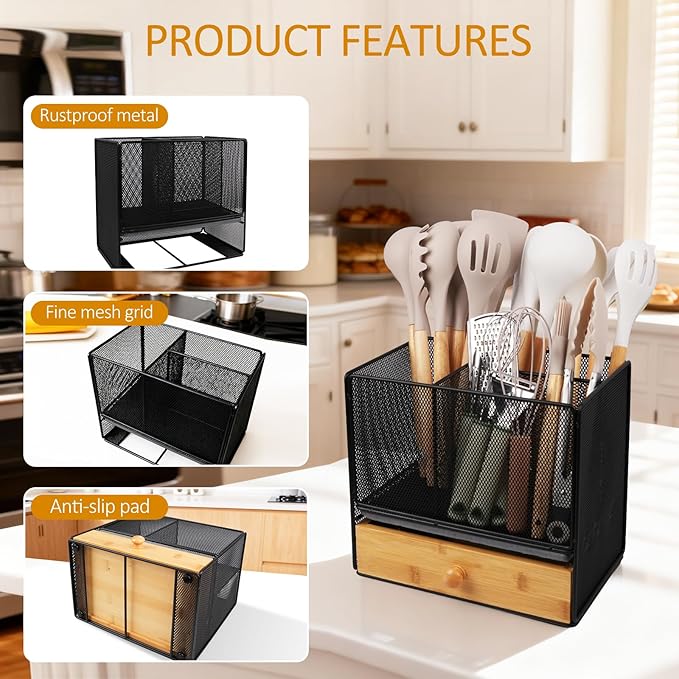 Kitchen Utensil Holder, 2-In-1 Large Utensil Holder Counter & Drawer Silverware Organizer Kitchen Countertop, 6 Compartment Caddy for Cooking and Flatware, With Quick Dry Diatomite Pad