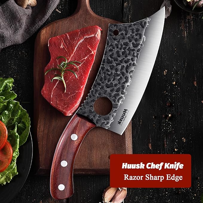 Huusk Meat Cleaver Knife, Hand Forged Butcher Knife for Meat Cutting, Full Tang Viking Knives with Sheath, Japanese Chef Knives for Outdoor Cooking, Camping, BBQ, Christmas Gift for Man and Women