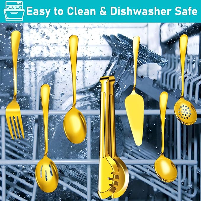 Serving Utensils, 15 Pcs Stainless Steel Large Flatware Serving Tools Kit, Included Spoons, Forks, Tongs, Slotted Spoon, Ladle, Cake Server for Kitchen Catering Banquet Wedding Buffet Party, Gold