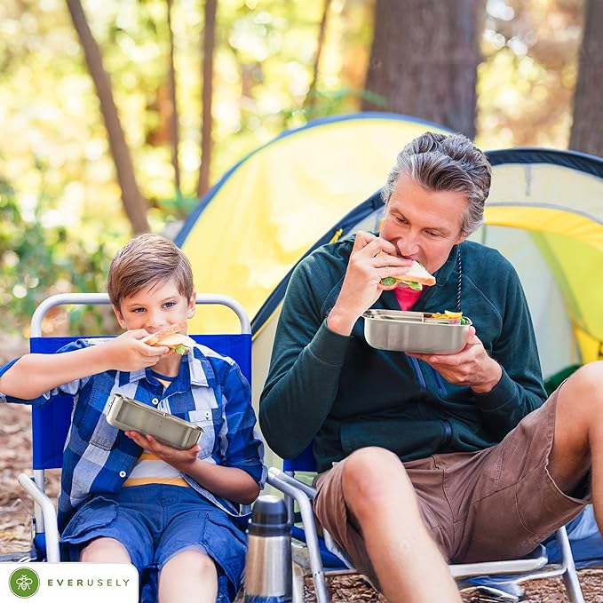 Everusely - Bento Box - Sage, 47oz / 1.4 L - Stainless Steel Lunch Box with Leakproof Condiment Container - 3 Compartment Snack Organizer for On the Go Meals - Freezer & Dishwasher Safe