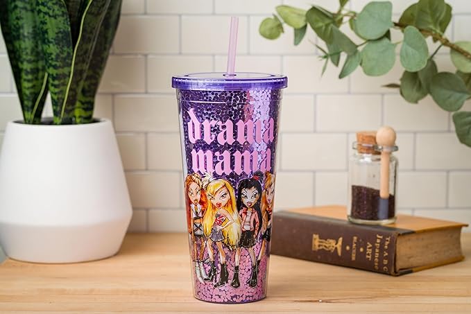 Silver Buffalo Bratz Drama Mama Featuring Cloe, Yasmin, Jade, and Sasha Plastic Confetti Cold Cup with Lid and Straw, 32 Ounces