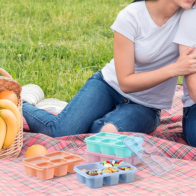 Bento Box Adult Lunch Box - 4 Pack, 5 - Compartment Meal Prep Container for Kids, Reusable Food Storage Snack Containers - Stackable for School, Work, and Travel (Transparent(Blue/Pink/Green/Yellow))