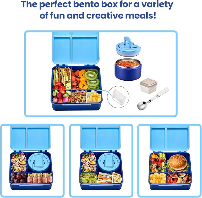 Bento Lunch Box with 8oz Soup Thermo,Kids Leakproof 4 Compartment Lunch Food Containers with Sauce Cup and Ice Pack,Kids Thermo Insulated Hot Food Jar and Lunch Bag for School,Trvael-Blue