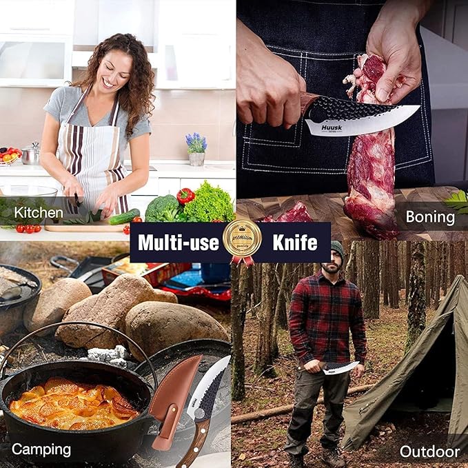 Huusk Viking Knife, Japanese Meat Cleaver Knives Forged Boning Knife with Sheath, High Carbon Steel Japan Butcher Fillet Chef Knives for Kitchen, Camping, Christmas Gifts for Men Women