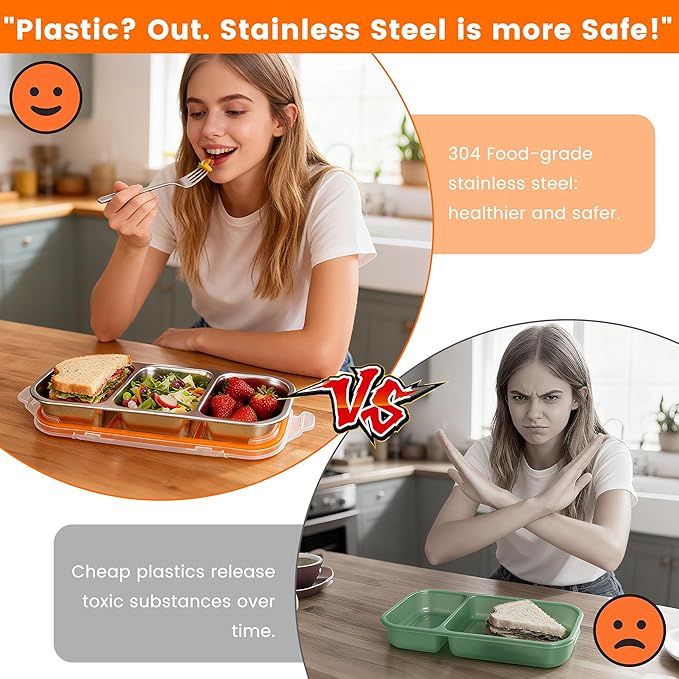 Bandesun Stainless Steel Snack Containers for Kids & Adults, 1 Pack Leek Proof Metal Bento Lunch Box with with lids, Lunchable Containers for Travel, School, Home - Stackable Bento Snack Box