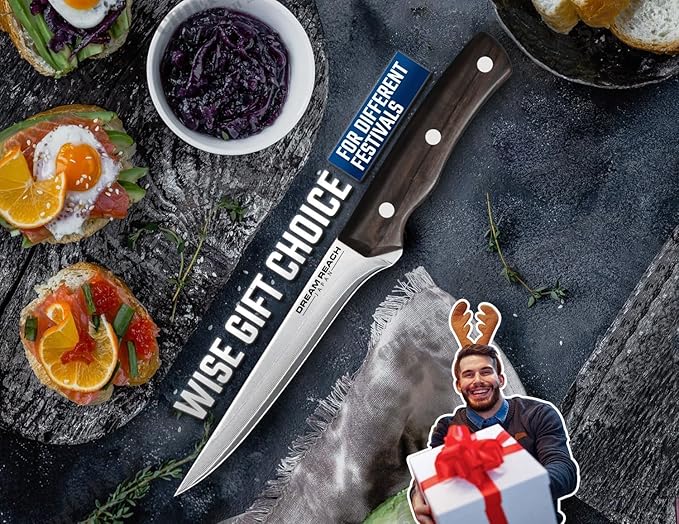 Dream Reach Boning Knife for Meat Cutting Japanese High Carbon Steel Deboning Knife with Sheath-Razor Sharp 6 inch Fillet Knife Brisket Trimming Knife for Kitchen Outdoor (Flow Series1), Silver