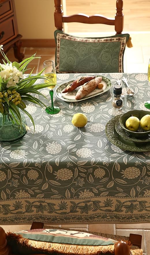ISAENNE Designer Grayish Green Linen Table Cloth Rectangular,Floral Elegant Stain Resistant Tablecloth,Fall Vintage Decor Tablecloths for Dining Thanksgiving Kitchen Party,55"*87"-Andrew A