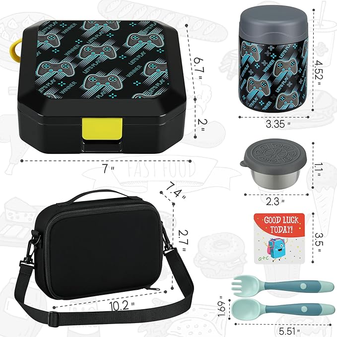 Itslife Bento Lunch Box Set for Kids with 12oz Soup Thermo&Lunch Bag, Leak-Proof Lunch Food Containers for Kids School, 5 Compartment, Sauce Cup, 10 Notes (Gaming Black)