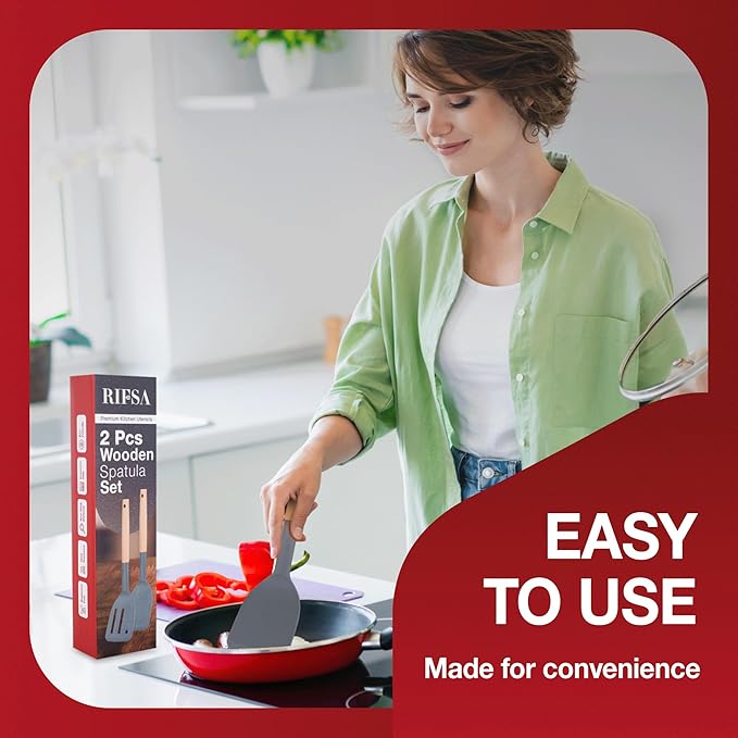 Pack of 2 Silicone Spatula, Non Stick Slotted Spatulas with Wooden Handle, Ideal Wood Kitchen Utensils Set for Frying, Baking, Flipping & Turning, Heat Resistant Silicone Turner for Non Stick Cookware