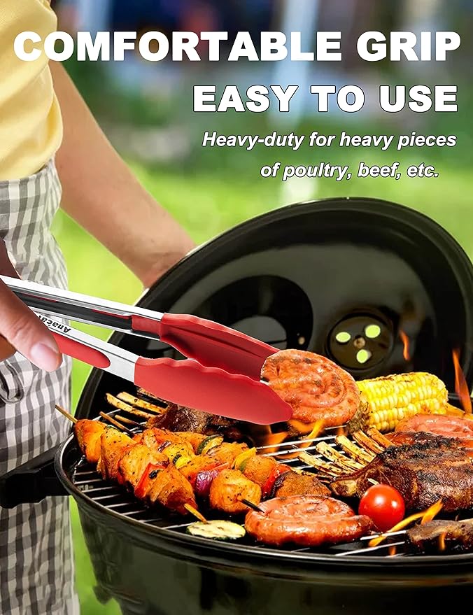 Anaeat Non-Stick Silicone Locking Tong Set of 3 - Stainless Steel 7", 9" and 12" Kitchen Food Tongs with Non-Slip Silicone Tips and Grip for Cooking, Baking and BBQ - Heat Resistant up to 480°F (Red)
