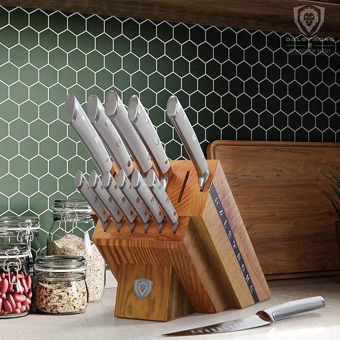 Dalstrong 12-Piece Knife Block Set - Gladiator Series Elite - White Handles - German HC Steel - Hand-Made Manchurian Ash Wood Block - NSF Certified