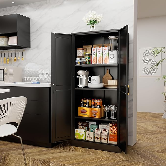 60" Tall Kitchen Storage Cabinet with 2 Doors, Metal Kitchen Pantry Cabinets with 3 Adjustable Shelves, Black Freestanding Food Cabinet, Large Cupboard for Office, Dining, Living Room,Hallway
