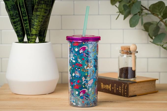 Silver Buffalo Disney Lilo & Stitch Halloween Costumes of Other Disney Characters Featuring Scrump Plastic Tall Cold Cup with Lid and Straw, 20 Ounces