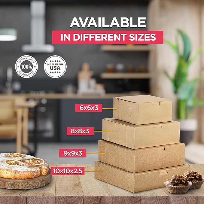 Fit Meal Prep 25 Pack Kraft Bakery Boxes, 8 x 8 x 3 Inches Brown Pastry Boxes, Cardboard Treat Boxes Pie Boxes Cookie Boxes Dessert Boxes for Cupcakes, Chocolates, Donuts, Macarons