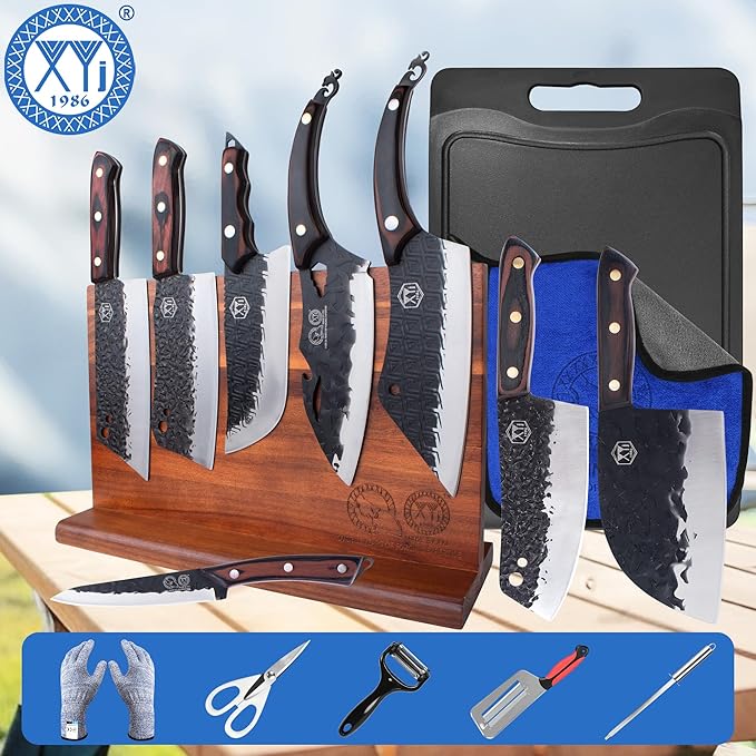 XYJ Authentic Since 1986, Kitchen Knife Block Set, High Carbon Steel Blades, Full Tang Knives Set with Block, Sharpener Rod, Scissors, Gloves, Utility Vegetable Butcher Slicing Slaguther Chef Knives
