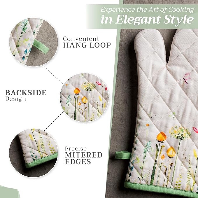 Maison d' Hermine 100% Cotton Oven Mitt & Pot Holder Set (7.5"x13" & 8"x8") Heat Resistant BBQ Cooking Gloves with Loop, Baking, Grilling, Kitchen, Handling Hot Pans Spring/Summer (Botanical Fresh)