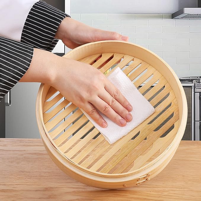 Bamboo Steamer - 2-Tier 10 Inch for Cooking Dim Sum, Momo, Rice - Chinese Basket for Bao Bun, Dumplings - Japanese Steaming