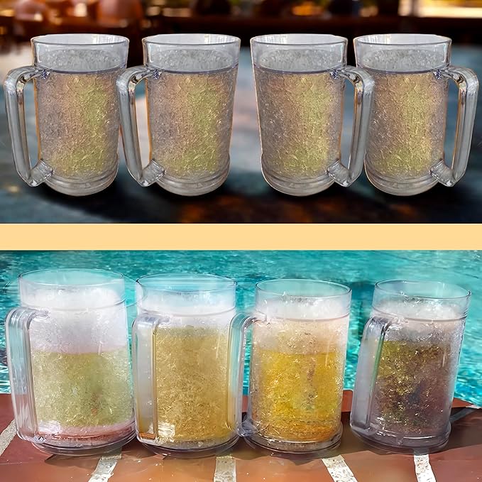Lily's Home 16oz set of 4 Insulated Double Wall Gel-Filled Acrylic Frosted Freezer Stein Mugs, Great as Old Fashion Drinking Glasses at BBQs and Parties, Clear
