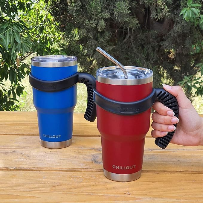 Stainless Steel Travel Mug with Handle 30 oz - 6 Piece Set. Tumbler with Handle, Straw, Cleaning Brush & 2 Lids. Double Wall Insulated Large Coffee Mug Bundle - Royal Blue Powder Coat Tumbler