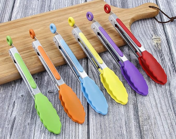 MSY BIGSUNNY Kitchen Food Tongs - 7" Mini Silicone Serving Tongs - Set of 6 (purple red orange green yellow blue)