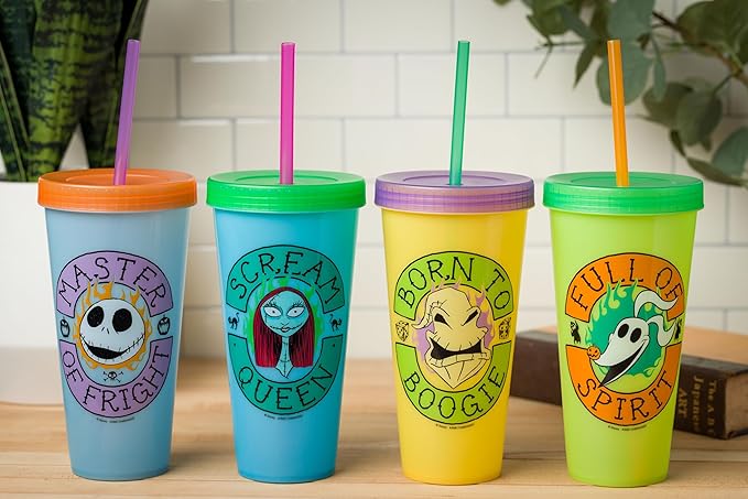Silver Buffalo Disney The Nightmare Before Christmas 4 Pack Color Change Plastic Tumblers Featuring Jack Skellington, Sally, Oogie Boogie, and Zero, 24 Ounces