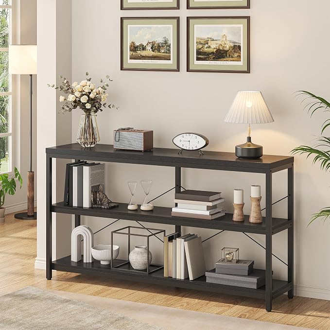 3-Tier Industrial Bookshelf, Wide Wood Horizontal Bookcase, Open Large Book - Image 9
