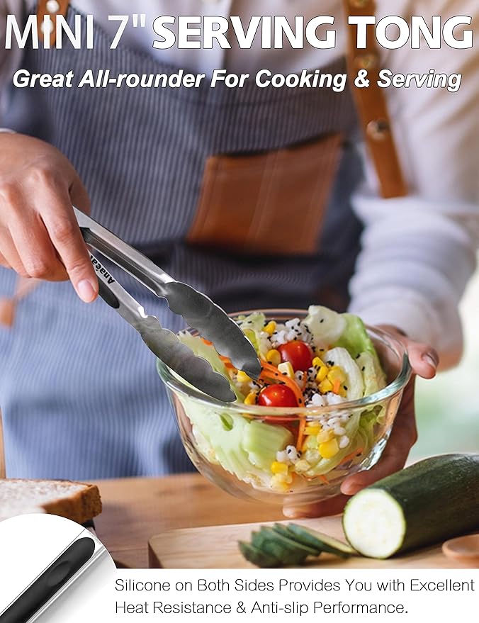 Anaeat Premium Kitchen Locking Tong Set of 3 - Heavy Duty Stainless Steel Food Tongs with Long Handle & Non-Slip Silicone Grip for Cooking, Baking, Grilling - Heat Resistant up to 480°F