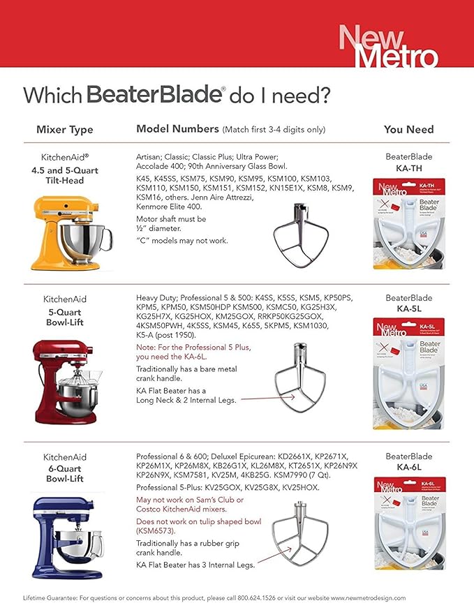 New Metro KA-6LR Original Beater Blade Works w/ Most KitchenAid 6 or 7 Qt Bowl-Lift Stand Mixers, Red