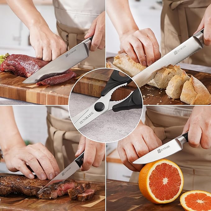 Kitchen Knife Set, Professional 13 Piece Knife Set with Block and Sharpener, Sharp Chef Knife Set, Ideal for Home and Restaurants, Elegant Black