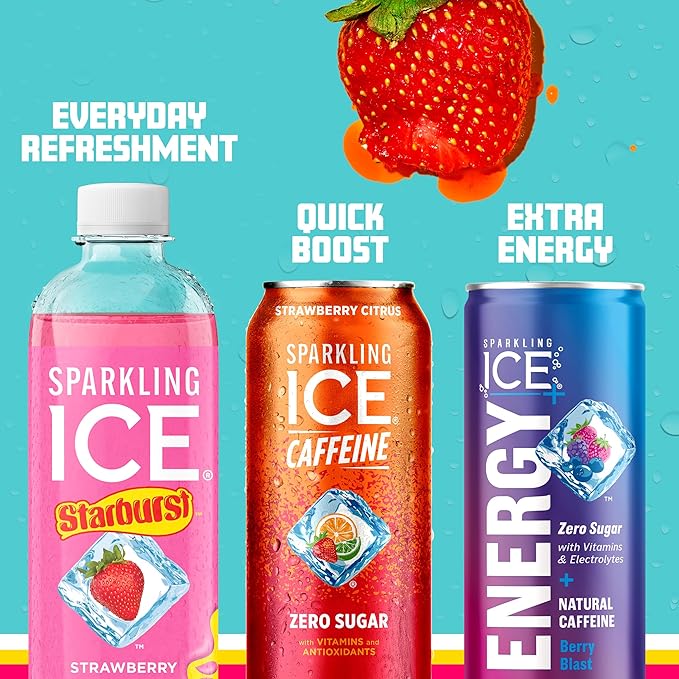 Sparkling Ice STARBURST Variety Pack, Zero Sugar Flavored Sparkling Water, with Vitamins and Antioxidants, Low Calorie Beverage, 17 fl oz, 12 count (Cherry, Strawberry, Lemon, Orange)
