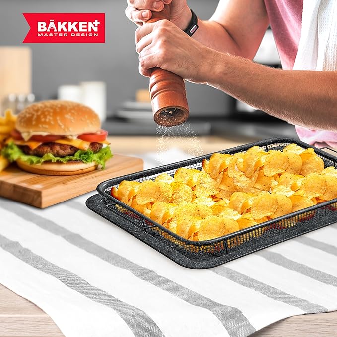 Bakken-Swiss Crisper Tray, Non-Stick Gray Marble | Healthier Cooking | For Regular Ovens | 2-Piece Set, Pack of 4