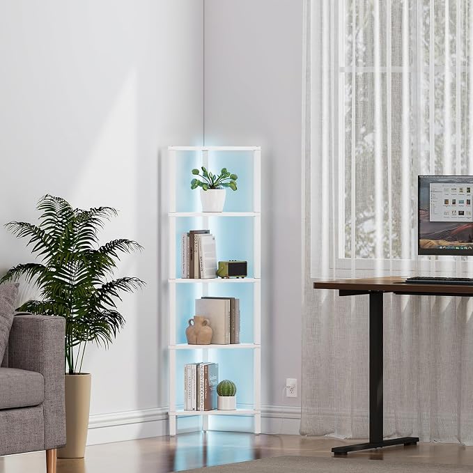 TUTOTAK Corner Shelf with LED Light, 5-Tier Corner Bookshelf - Image 9