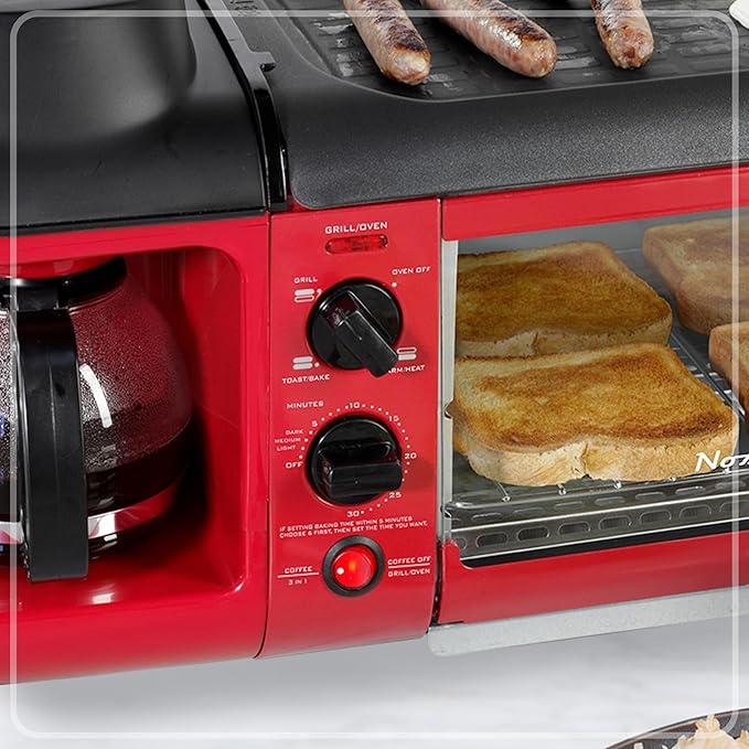 Nostalgia 3-in-1 Breakfast Station - Includes Coffee Maker, Non-Stick Griddle, and 4-Slice Toaster Oven - Versatile Breakfast Maker with Timer - Red