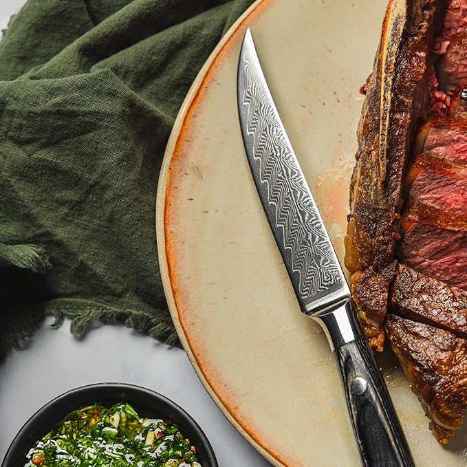 Messermeister Avanta Damascus Forged 5” Fine Edge Steak Knife Set - Rust Resistant & Easy to Maintain - Includes 4 Steak Knives