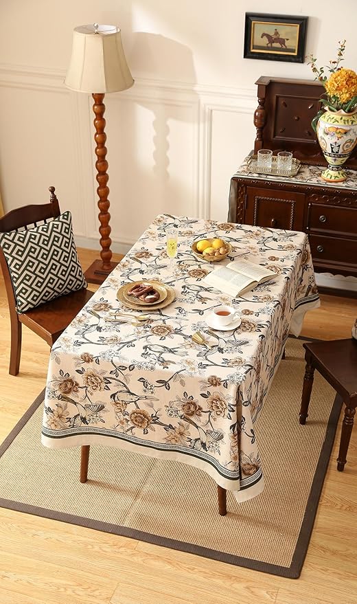 ISAENNE Designer Vintage Linen Long Rectangle Tablecloth,Floral and Bird Pattern Elegant Table Cloth,Fall Wrinkle Resistant Decor Tablecloths for Dining Kitchen Christmas,63"*94"-Murad A