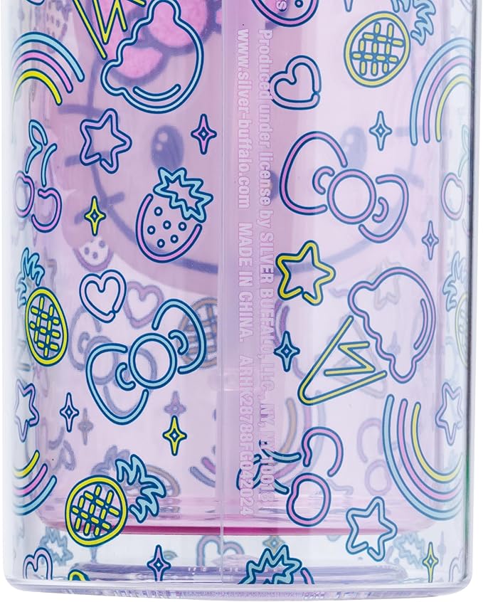 Silver Buffalo Sanrio Hello Kitty Neon Fruit Pattern Plastic Cold Cup with Lid and Straw, 20 Ounces