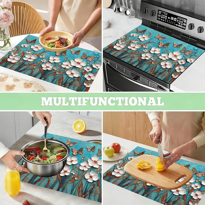 Turquoise Butterfly Floral Stove Top Cover 28.3 x 20.5 Inches, Heat Resistant - Image 7
