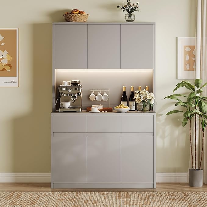 Garvee Kitchen Pantry Cabinet,71 in Tall Storage Cabinet with Doors&Shelves Adjustable, Kitchen Storage Hutch with Microwave Shelf, Led Lights&Charging Station,Corner Pantry Cabinet