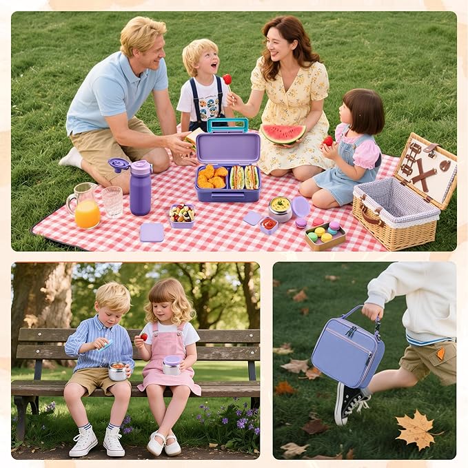 Bento Lunch Box for Kids With 8oz Thermo, Leakproof Bento Box with with 2 Compartments, Insulated Bottle, Lunch Bag, BPA Free Dishwasher Safe for School Girls Boys (Purple)