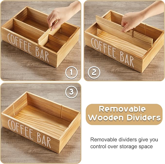 ALELION ALEION Brown Coffee Station Organizer - Wood Coffee Bar Accessories Organizer with Removable Dividers for Pods Condiment Syrup Tea Cups Stirrers - for Farmhouse Coutertop Decor