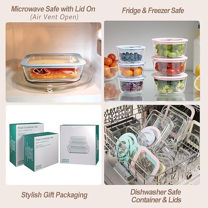 Urban Green glass storage containers with lids (Blue&Pink-5RS)