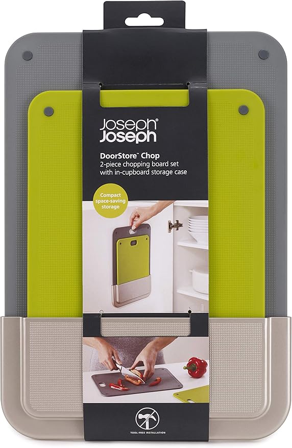 Joseph Joseph DoorStore Chop Cutting Board Set with Storage Case 3M Adhesive Wall and Cabinet Door Mount, 2-Piece, Multicolored