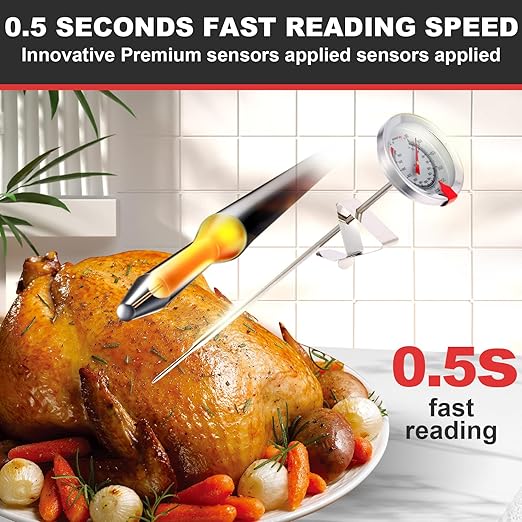 Candy Thermometer Waterproof IP67 - Oil Thermometer for Frying with Clips - 9" Side of Pot Thermometer Deep Fry for Oil Candy Candle BBQ - Silver